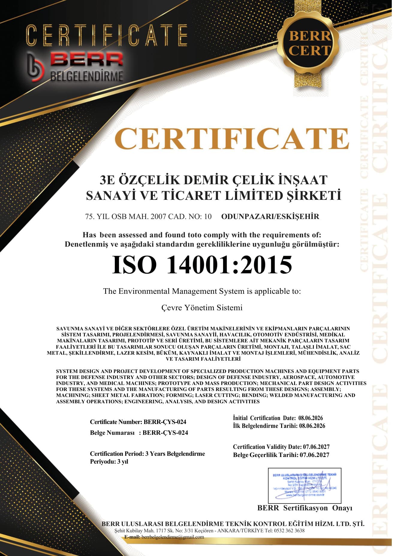 ISO 14001:2015 certificate preview