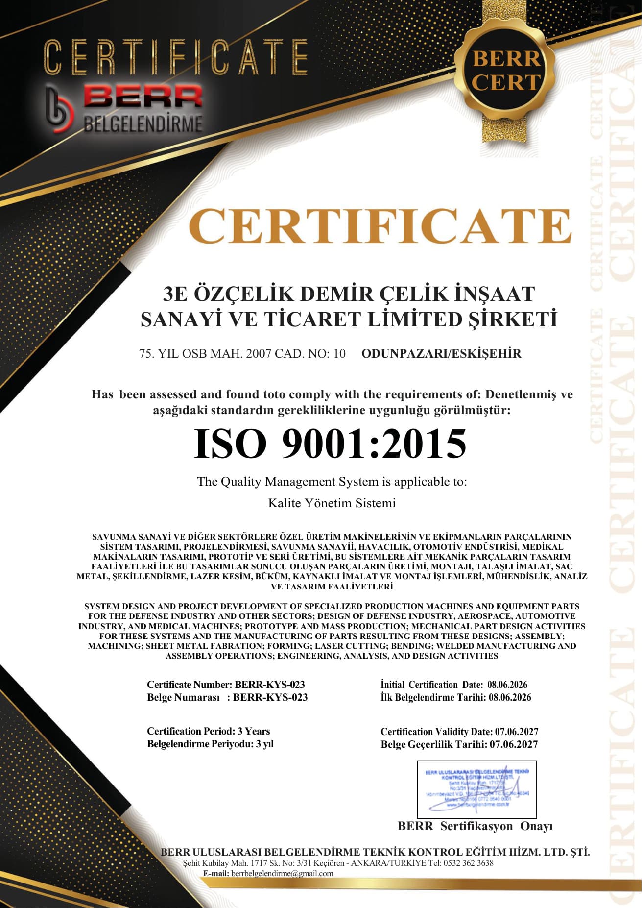ISO 9001:2015 certificate preview